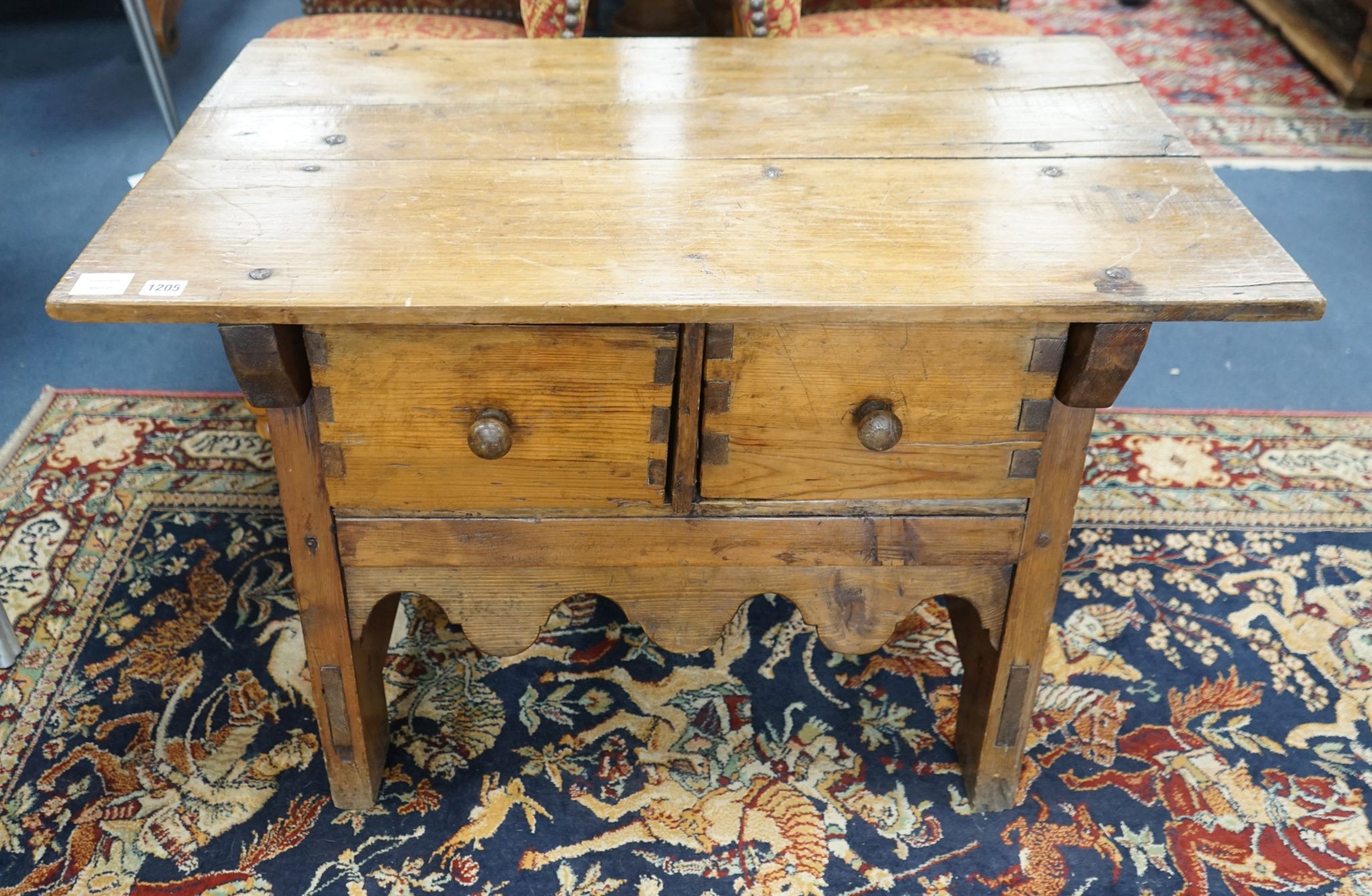 An 18th century style French Provincial fruitwood two drawer low table, width 95cm, depth 59cm, height 60cm